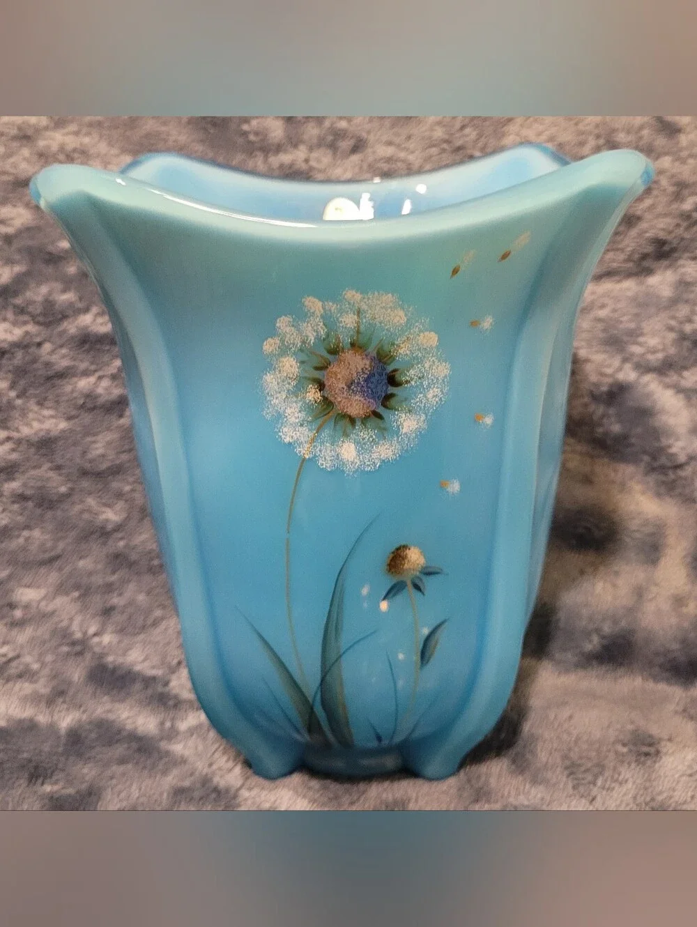Fenton Art Glass Dandelion Breeze Hand-Painted Sky Blue Glass Flip Vase